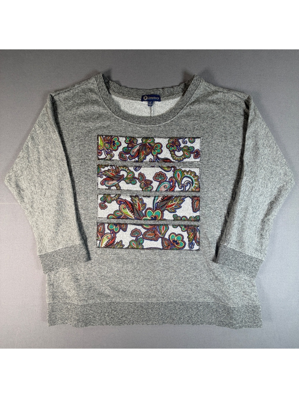 Democracy Sweatshirt Womens L Gray Heather Paisley Embroidered Boho Pullover